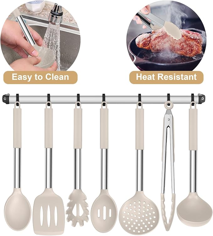 E-far Silicone Cooking Utensils Set, 7-Piece Khaki Kitchen Utensils Set | Heat Resistant Nonstick Cookware with Stainless Steel Handle, Slotted Turner, Spoon, Soup Ladle, Pasta Server, Skimmer, Tongs