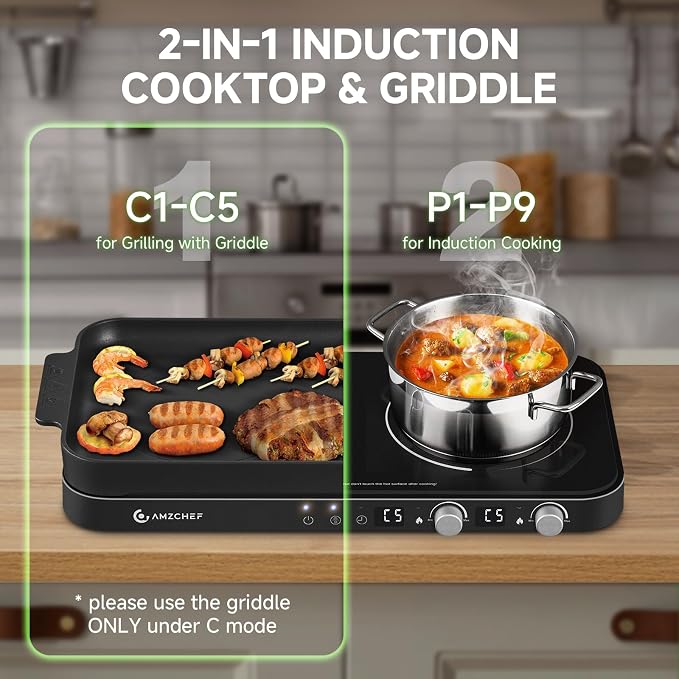 AMZCHEF Double Induction Cooktop with Removable Griddle Pan Non-stick,Black | 1800W 2 burner Portable Induction Stove With Sensor Touch 9 Power Levels, 99 Min Timer, Child Lock, Suitable for Kitchen, BBQ