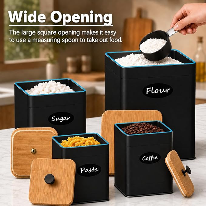 Kitchen Canister Set of 4, Black Airtight Metal Flour Sugar Containers | Flat Bamboo Lids, Reusable Labels & Marker, Wide Openings, Coffee Tea Containers, Kitchen Countertop and Pantry Organized