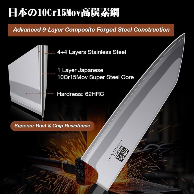 SHAN ZU 3PCS Japanese Knife Set, 9 Layers 10Cr15MoV High Carbon Steel | Professional Kitchen Knives, Sharp Chef Knife Set with Ergonomic Red Sandalwood Handle, Sashimi Cooking & Cutting Knives Set