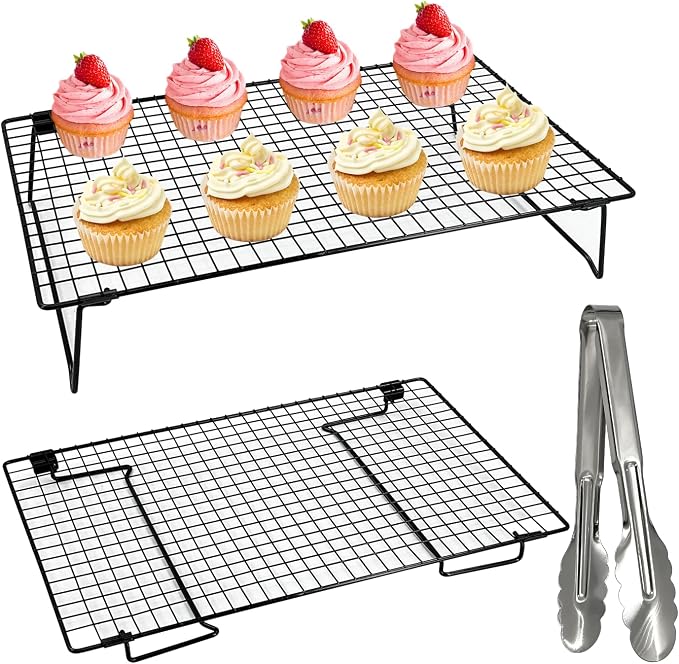 2-Pack 16.9x11inch Cooling Rack with Collapsible Legs & Food Tongs | Folding Cooking Baking Grilling Rack for Oven, Drying, Roasting (Black)