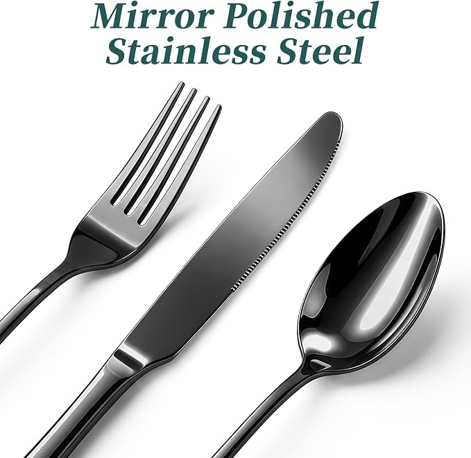 Black Silverware Set with Organizer, 45-Piece Stainless Steel Cutlery Set | Flatware Set for 8, Includes Forks, Knives, Spoons & Serving Utensils, for Dining, Entertaining & Housewarming