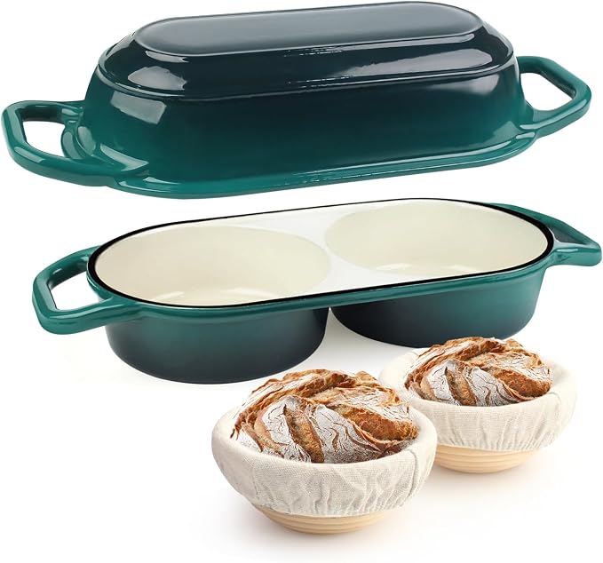 YONILL Mini Double Dutch Oven with Lid for Sourdough Bread Baking | Enameled Cast Iron Pot with Lid, 5" Banneton Bread Proofing Basket Include, Dual Round Bread Loaf Pan for Homemade Baking