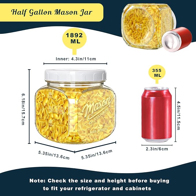 Glass Cookie Jar with Airtight Lid, 2 Pack 64 Oz Canning Jars | Half Gallon Mason Jar Wide Mouth for Food Storage, Flour, Sugar, Pasta, Sourdough - Square Glass Storage Container with Scale