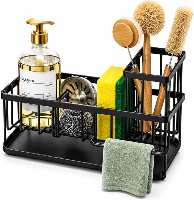 Kitchen Sink Caddy Organizer with Removable with Drain Tray, Rustproof Sponge Holder for Kitchen Counter, Carbon Steel Sink Organizer for Soap Dispenser, Sponge, Scrub Brush & Cleaning Accesories