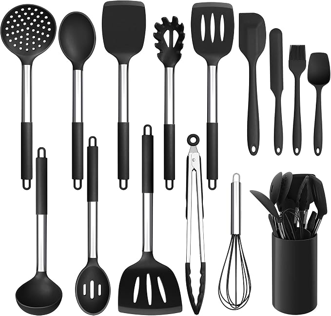 LIANYU 15-Piece Kitchen Cooking Utensils Set with Holder | Silicone Kitchen Tools Stainless Steel Handle, Slotted Spatula Spoon Turner Tong Whisk Brush for Cooking, Black