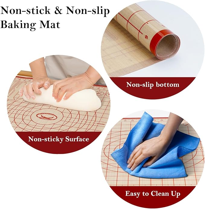 Silicone Baking Mat Set, 28x20 & 16x12 Inch, Red (2 Pack) | Food-grade silicone; non-stick, non-slip; dough kneading board; measurement markings