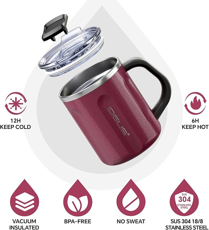 Ideus 16 oz Insulated Coffee Mug with Handle and Lid, Double Wall Stainless Steel Vacuum Thermal Coffee Mug, Travel Coffee Cup Thermal Cup for Home and Office, Burgundy-FUJI FLOW