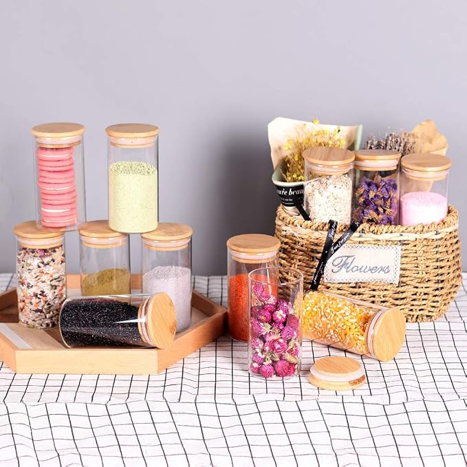 Tzerotone 12 Pcs Glass Spice Jars - 8.5oz Empty Small Glass Bottles with Bamboo Airtight Lids and Labels - Thicken Seasoning Spice Containers for Kitchen Organization and Storage…