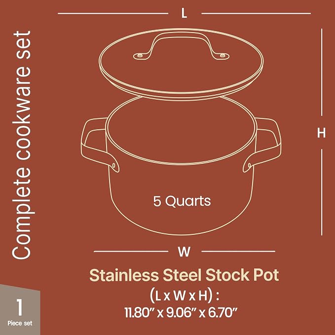 Bakken 5 Quart Ceramic Coated Stock Pot with Lid, Easy to Clean Nonstick Pot, Tempered Glass Lid, Riveted Stainless Steel Handles, Oven Safe Up To 500°F, PTFE & PFAS Free, All Stove Compatible, Black