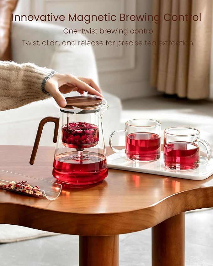 ZENS Magnetic Glass Teapot with Infuser and 2 Cups for Loose Tea, 34oz | Enchanti Magnetic Teapot, Magic Mess Free Loose Leaf Tea Steeper for Tea Lovers Gift, Walnut Pattern