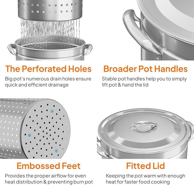 Bonnlo 82QT Stainless Steel Stock Pot for Boiling Seafood, Crawfish lobster & Crab, Frying Turkey & Steaming Tamales, Large Boil Pot with Steamer Basket, Lid, Lifting Hook for Outdoor Cooking Party