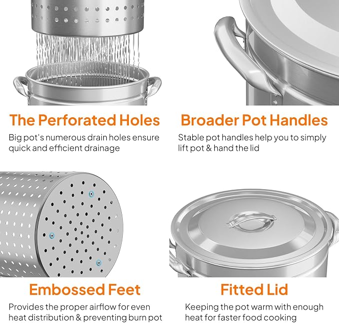 Bonnlo 36QT Turkey Fryer Pot with Steamer Basket, Lid & Lifting Hook, Stainless Steel Seafood Boil-Pot for Lobster, Crab & Shrimp, Heavy-Duty Deep Stockpot for Outdoor Boiling, Cooking & Frying