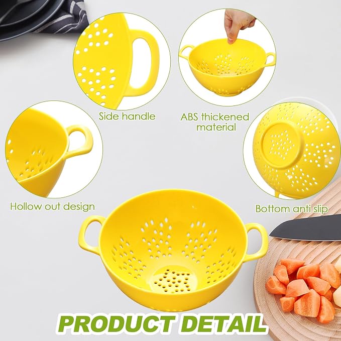 4 Pack Mini Colander for Kitchen Plastic Berry Strainer with Double Handles 7.5 x 6 x 3 Inch Small Colander Strainer for Fruits Vegetables Food (Lemon Yellow,Green,Purple,Red)