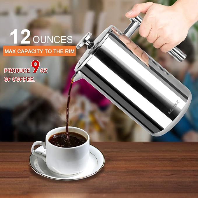 Secura French Press Coffee Maker, 304 Grade Stainless Steel Insulated Coffee Press with 2 Extra Screens, 12oz (0.35 Litre), Silver