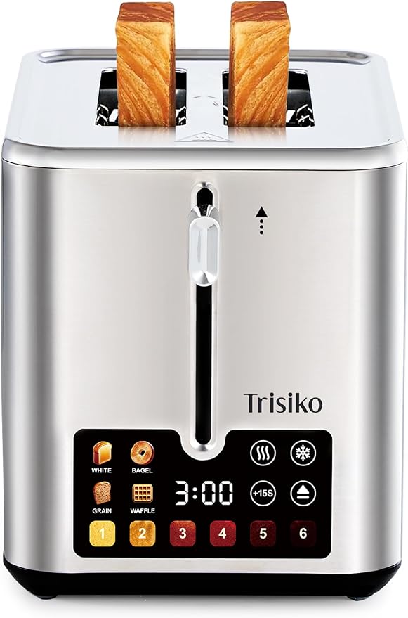 Smart Touch Screen 2 Slice Toaster, Wide Slot,Stainless Steel | 900W digital toaster with 6 shade levels, bagel, defrost, reheat, cancel, crumb tray, and cord wrap for small kitchens