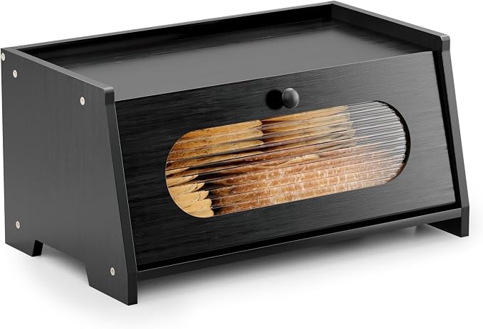 Black Bread Box for Kitchen Countertop,Large Capacity Kitchen Countertop Organizer,Bread Storage with Acrylic Window for Cabinet,Pantry,Cupboard