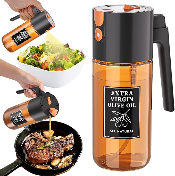 2-in-1 Dark Glass Oil Sprayer & Dispenser, Black Fine Mist No-Drip | 500ml dark glass for air fryer, BBQ, grilling & daily cooking; food-safe, 304 filter, wide-mouth refill and cleaning.