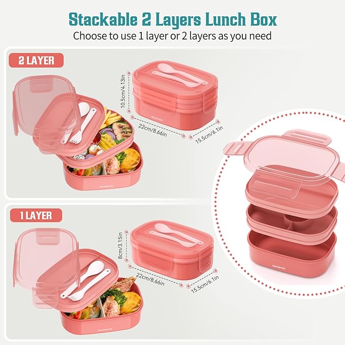RIKDOKEN Bento Lunch Box, Stackable 2 Layers Containers with Compartments, Portable 64OZ Large Capacity Leakproof Bento Box with Spoon & Fork & Lunch Bag, Microwave Safe Lunch Box for Kids and Adults
