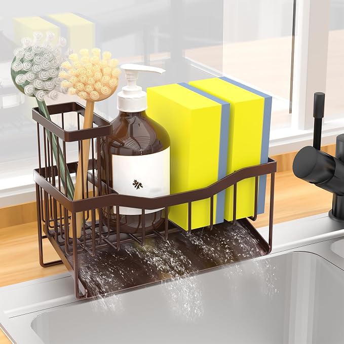 Fssvcd Maifan Sink Caddy Sponge Holder for Kitchen with Brush Holder and Stainless Steel Self Drain Tray, Rustproof Kitchen Sink Organizer for Sponge, Soap Dispenser Storage Accessories