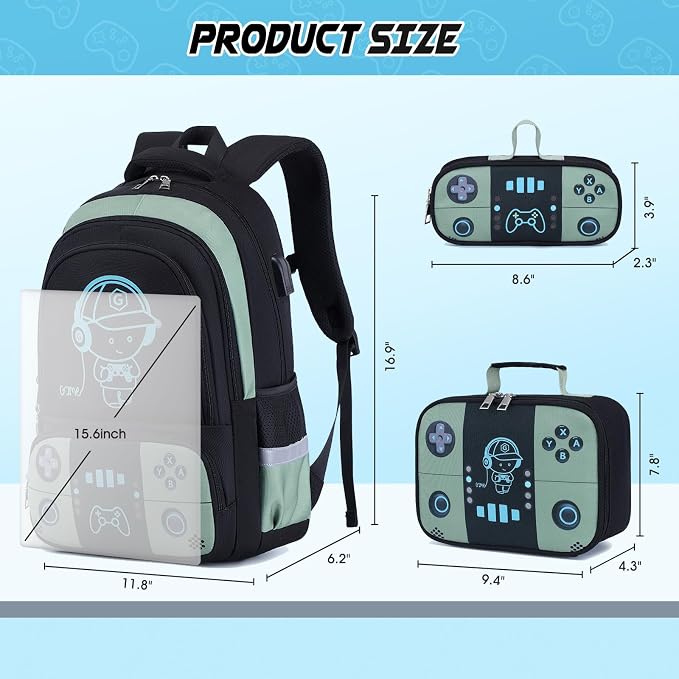 Backpack for School Boys, Cool Luminous Gamer Boys Schoolbag | with Lunch Box & Pencil Case Set for Kids Teens Elementary Middle School, Bookbag Glow In The Dark