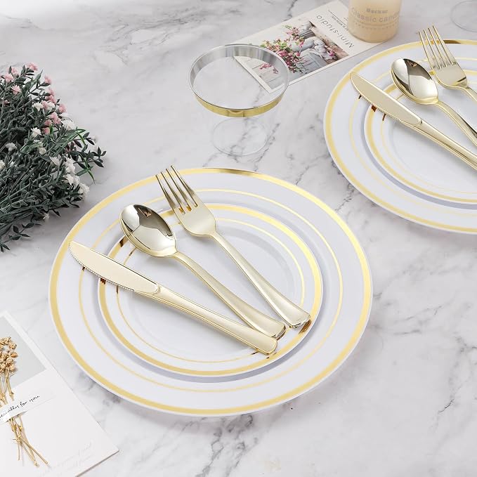 BESTVIP 600PCS Gold Dinnerware Set for 100 Guests, Plastic Plates for Party, 100 Gold Disposable Plates, 100 Dessert Plates, 100 Cups, 100 Spoons, 100 Forks and 100 Knives | for Party, 100 Gold Disposable Plates, 100 Dessert Plates, 100 Cups, 100 Spoon...