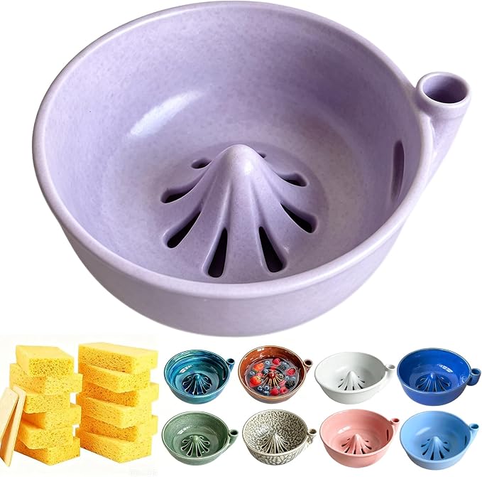 Self Spinning Ceramic Berry Washing Bowl with Drain Holes, 7'' Kitchen Fruit Washer Spinner Bowl with 10pcs Sponges (Purple)