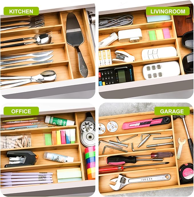Unibambou Bamboo Silverware Drawer Tray, Kitchen Flatware Cutlery Organizer | 5 slots kitchen storage tray, Natural Bamboo Material, Perfect organizer for flatware cutlery utensils, 9.8"W x 13.8"D x 2"H