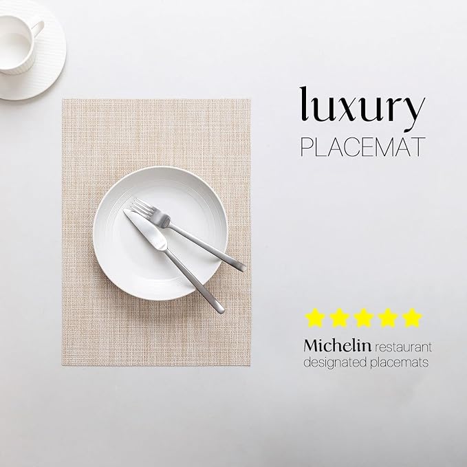 LEXMORE Placemats Set of 12 Vinyl/Plastic Woven Place Mats for Kitchen Table Indoor/Outdoor Washable Placemat Wipeable Dining Table Mats(A-Beige)