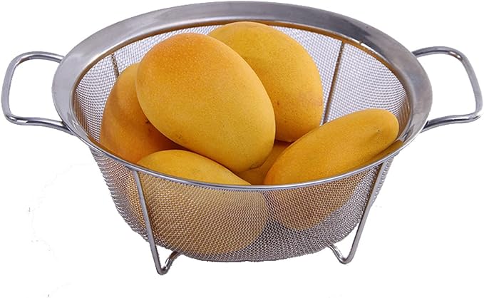 AJIODA Stainless Steel Mesh Colander Strainer Basket, 4 Quart Fine Mesh Net Colander with Heavy Duty Handles & Wide Rim & Resting Feet for Strain, Drain, Rinse, Fry, Steam or Cook Vegetables & Pasta