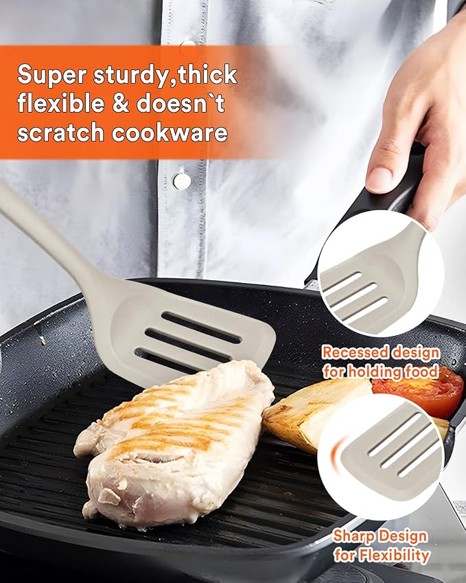 13PCS Silicone Kitchen Utensils Set for Nonstick Cookware, Khaki | Food Grade, Heat Resistant Kitchen Utensil Spatula Set, Wooden Handles Kitchen Gadgets Tools Set