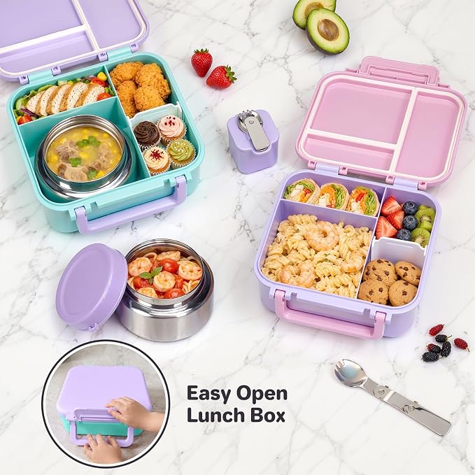 Bento Box for Kids, Lunch Box with Thermo(9oz Food Jar), Silicone Sauce Cup, Stainless Steel Spoon & Removable Divider, Kids Lunch Box Set for Girls Boys Back to School, Purple/Blue