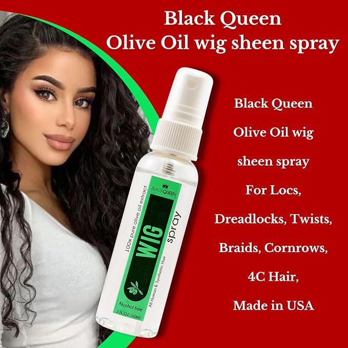 Black Queen Olive Oil Wig Sheen Spray – Moisturizing & Refreshing Spray for Human & Synthetic Wigs – Adds Shine, Softness & Manageability – 40+ Years Expertise – Made in USA – 2 oz