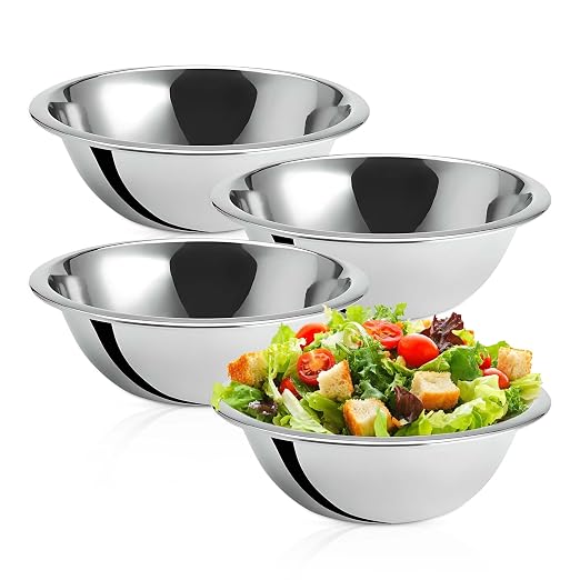 OCS Parts 4-Pack 1.5 Quart Stainless Steel Mixing Bowls | 8-Inch Stainless Steel Professional Grade Flat Base Mixing Bowls for Home and Commercial Kitchens | Dishwasher Safe