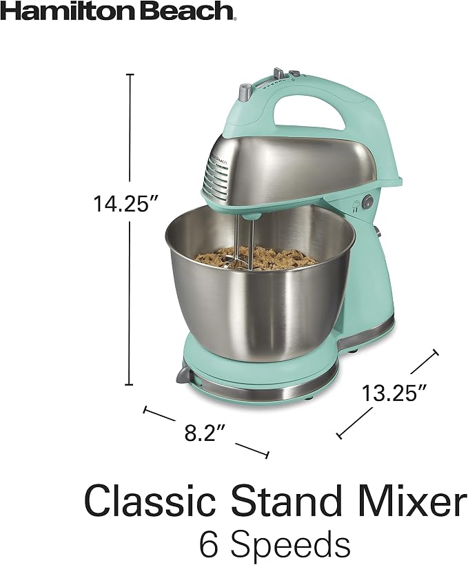 Hamilton Beach Classic Electric 4 Qt Stand Mixer & Hand Mixer With 6 Speeds | 2-in-1 Versatility | QuickBurst For Added Power | 290 Watts Peak Power | Built-In Bowl Rest | Aqua Blue