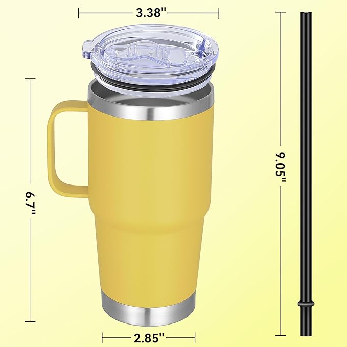 20 oz Stainless Steel Tumbler with Handle Bulk Metal Insulated Tumblers Travel Coffee Mug with Handle Double Wall Tumbler Cup with Lid and Straw, Yellow 6 Pack