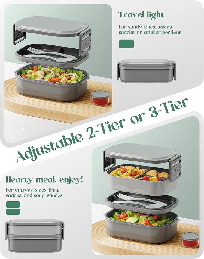 Bento Lunch Box, 65 oz 3-Tier Stackable Lunch Container, Adjustable 2/3 Tier Design, BPA-Free Food-Grade Plastic, Leakproof, Microwave & Dishwasher Safe, Gray