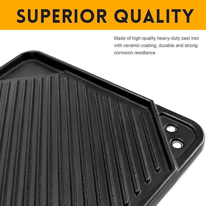 GGC Reversible Cast Iron Griddle, 20" x 10.5" Rectangular Griddle Pan | Double Sided Griddle Pan Perfect for Gas Grills, Stove Tops and Outdoor Cooking, Baking Flat and Ribbed Griddle Plate