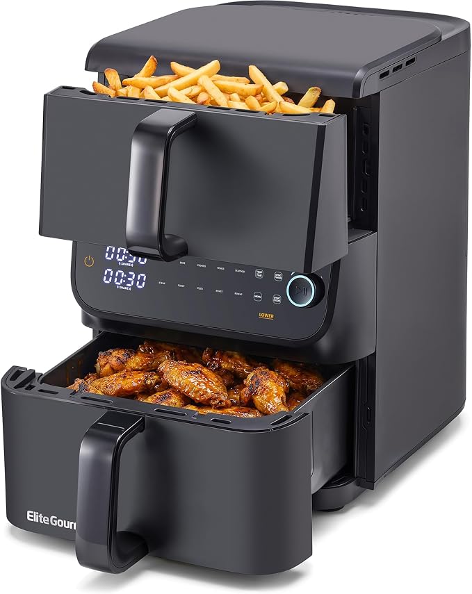 Elite Gourmet EAF6535 Dual Stacked Air Fryer, 10.5Qt, 1700W, Black | Family Size - PFAS-Free Dishwasher-Safe Nonstick Baskets - Sync Cook & Finish - 10 Presets