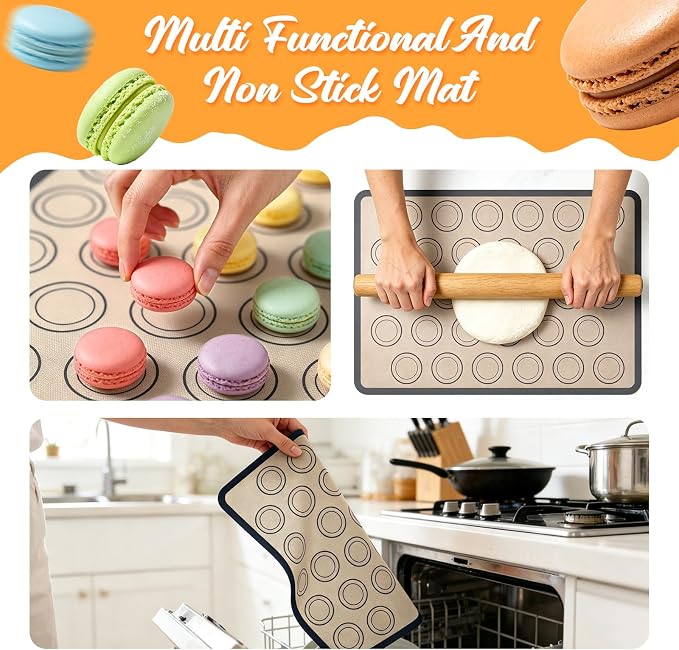 Macaron Silicone Baking Gray Mats, 17 Pcs Macaron Baking Kits | 2 Nonstick Macaroon Mat Silicone, 7 Piping Tips, 2 Piping Bags, 2 Bag Ties, 2 Couplers, 1 Puff Tip, 1 Brushes