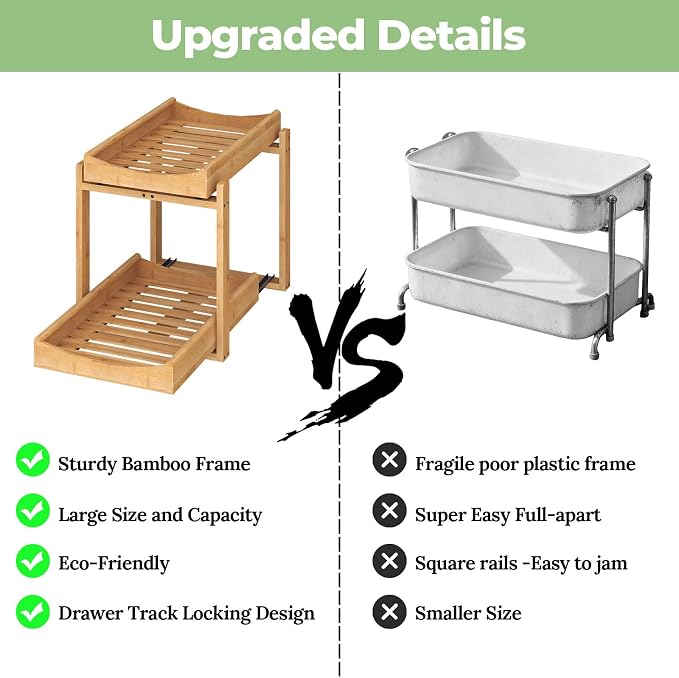 MHXW SXPN Bamboo Under Sink Organizer, 2 Pack Pull Out Cabinet Organizer | 2 Tier Vertical Smooth Slide Out Undersink Storage Shelf | Multi-Purpose Organizer Shelves for Kitchen Bathroom Medicine