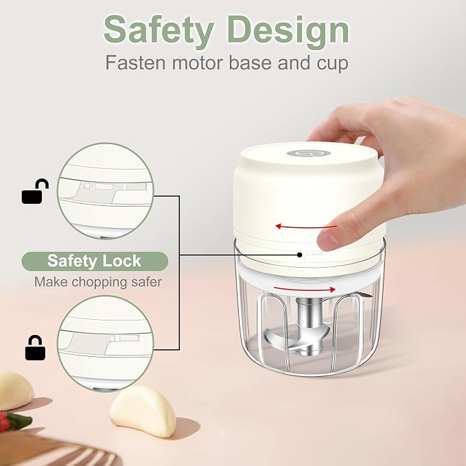 250ML Mini Electric Garlic Chopper, Garlic Mincer Grinder Masher (1 Cup) | USB Wireless Garlic Press, Small Food Processor Blender for Vegetable Ginger Chili, White