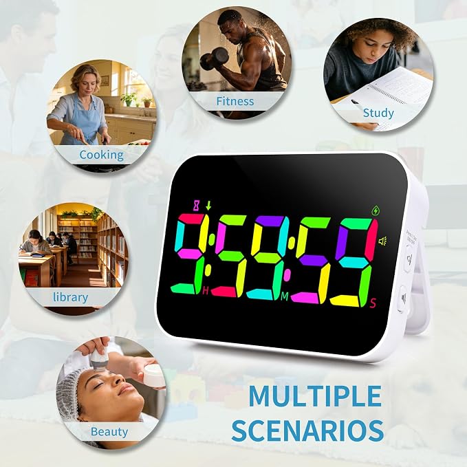 Kitchen Digital RGB Timer, Count Down Up, Rechargeable, Vibration Mode Adjustable Volume and Brightness LED Display, Time Management Cook, Desk, Kids Adults Study Teaching, Kitchen Gadgets