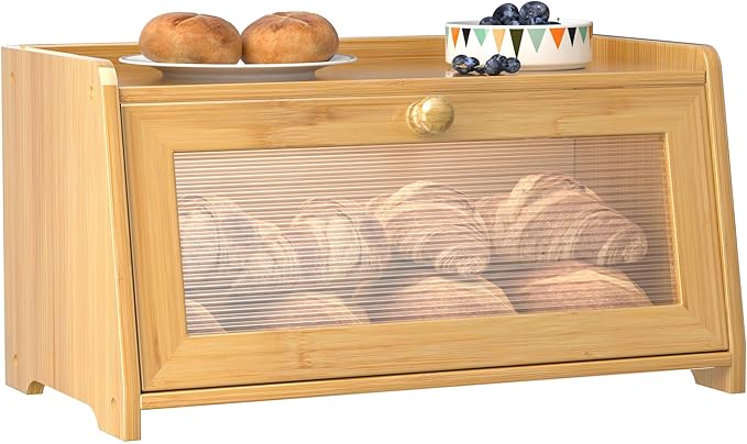 Bread Box for Kitchen Countertop, Vintage Wooden Counter Breadbox, Bamboo Bread Storage Container Bin for Homemade Bread, Small Farmhouse Corner Breadbox Organizer with Acrylic Window, Natural