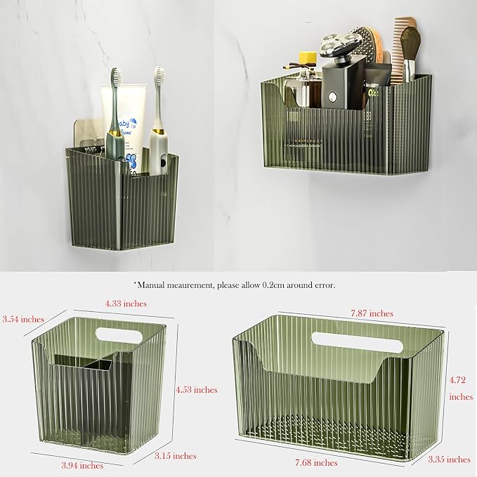 Lae Nuvole 2Pcs Storage Organizer Bins, Wall Mount Toothbrush Holder, Green | with Dividers & 4 Adhesive Pads, No Drill, Renter Friendly, BPA-Free PET; Fits Bathroom, Apartment, RVs, Cabinet/Pantry Door