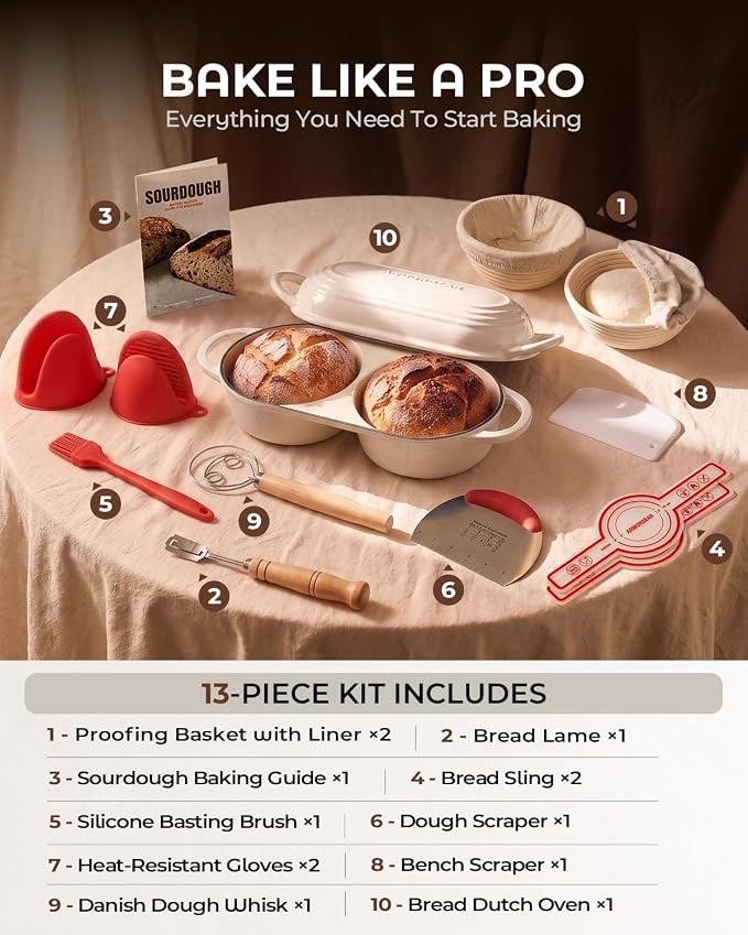 Sourdough Bread Baking Kit with Double Loaf Cast Iron Bread Pan, White | Bakes two mini loaves at once with banneton proofing baskets included