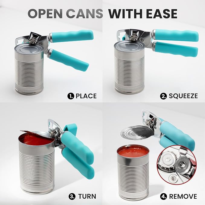 Zulay Kitchen Heavy Duty Stainless Steel Can Opener Manual with Bottle Opener - Rust Proof Manual Can Opener With Turn Knob & Comfy Soft Grip Handles - Turquoise