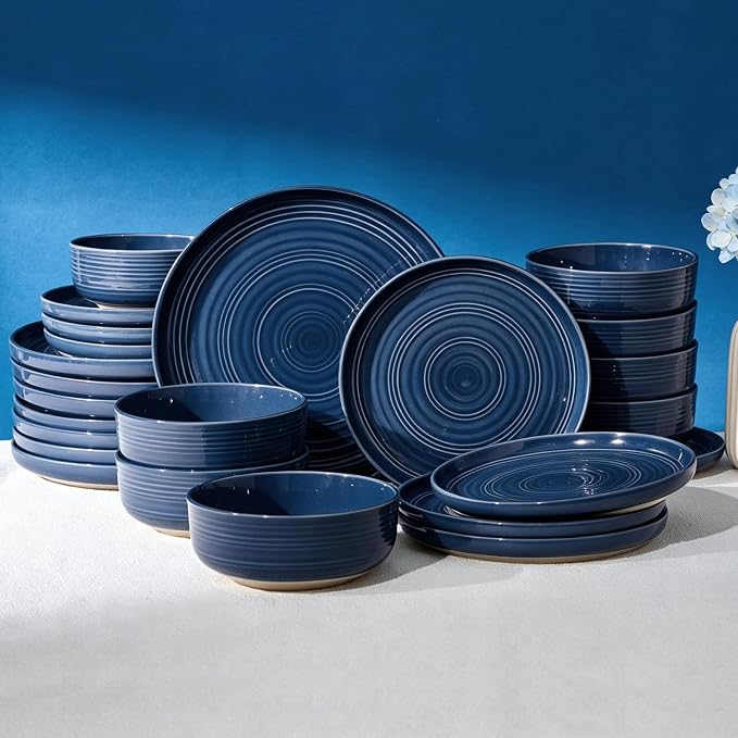 Dinnerware Set for 8, Ceramic Plates & Bowls, Abyssal Blue | 24-Piece Ceramic Speckled Spiral Dishes, Chip & Scratch Resistant, Microwave & Dishwasher Safe, Everyday Use, Farmhouse Style
