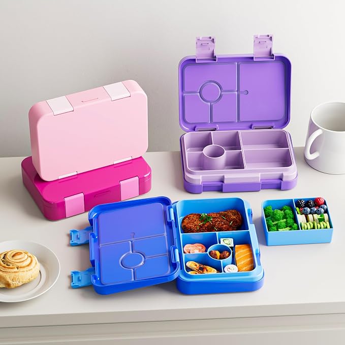 Bento Lunch Box for Kids, 5/6 Compartments, 3 Cups, Purple | Dishwasher Safe, Back to School Snack Bento Lunch Containers Boxes, Ideal Portion Sizes for On-the-Go Meal, Ages 3+, School
