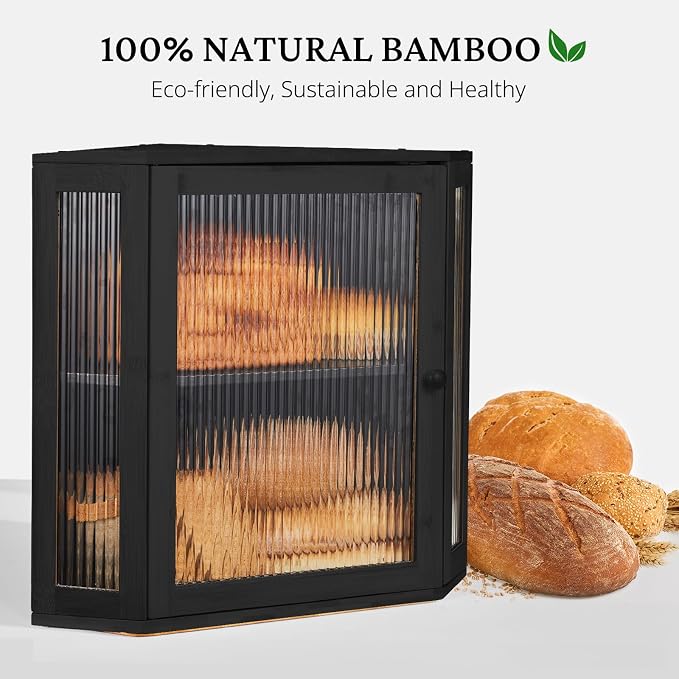 BRONYPRO Corner Bread Box for Kitchen Countertop, Double Layer Bamboo Breadbox with Adjustable Partition, Modern Bread Storage Organizer (Extra Large Black)